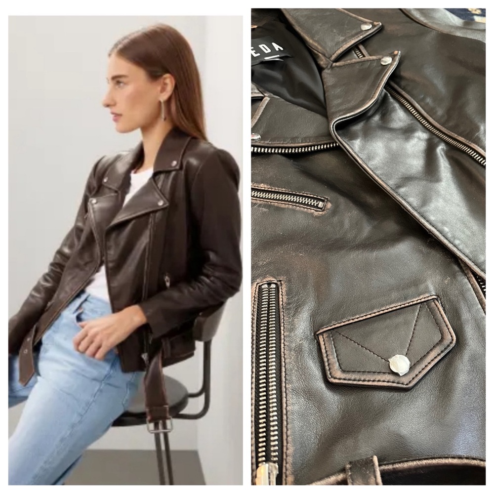 Veda JAYNE Classic real Leather Moto Jacket buckle zippers biker brown XS